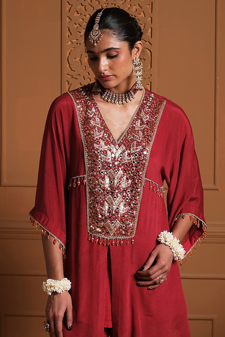 Maroon Chiffon Floral Hand Embroidered Asymmetrical Kaftan Set by Sonia Khatri at Pernia's Pop Up Shop