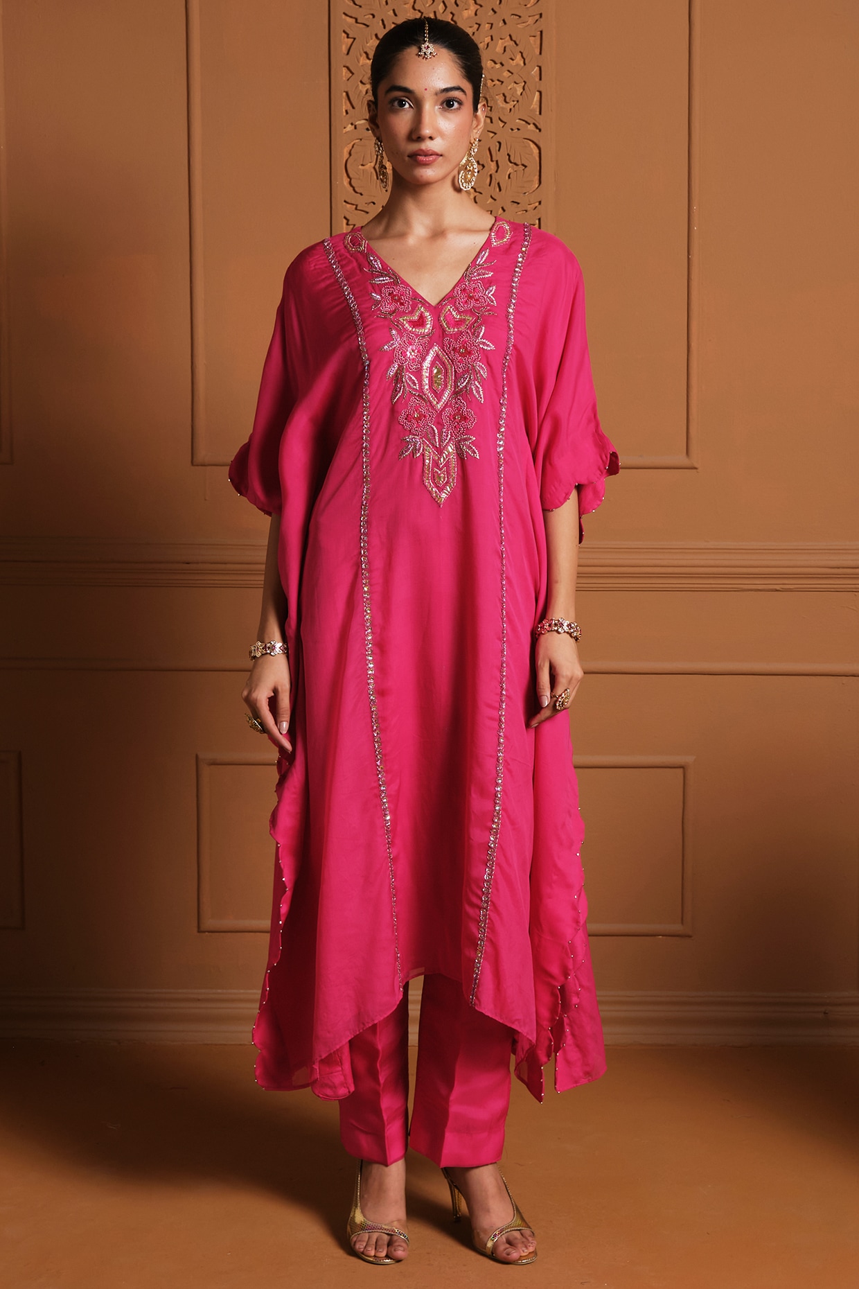 Sonia Khatri Magenta Pink Chiffon Thread Work Embroidered Asymmetrical Kaftan Set