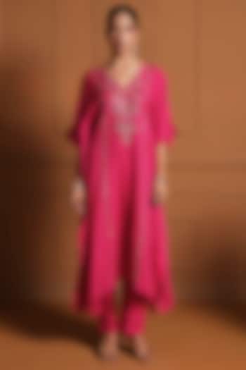 Magenta Pink Chiffon Thread Work Embroidered Asymmetrical Kaftan Set by Sonia Khatri at Pernia's Pop Up Shop