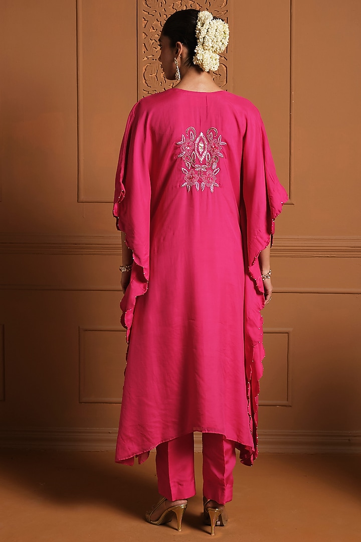 Magenta Pink Chiffon Thread Work Embroidered Asymmetrical Kaftan Set by Sonia Khatri at Pernia's Pop Up Shop