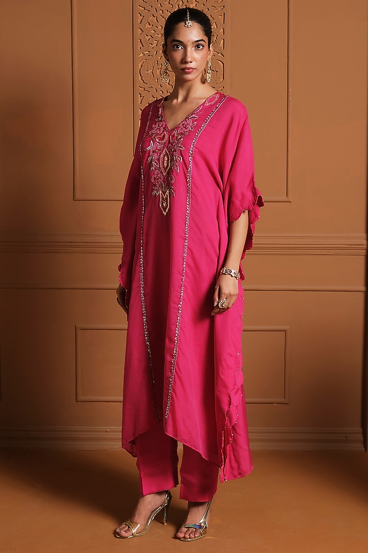 Magenta Pink Chiffon Thread Work Embroidered Asymmetrical Kaftan Set by Sonia Khatri at Pernia's Pop Up Shop