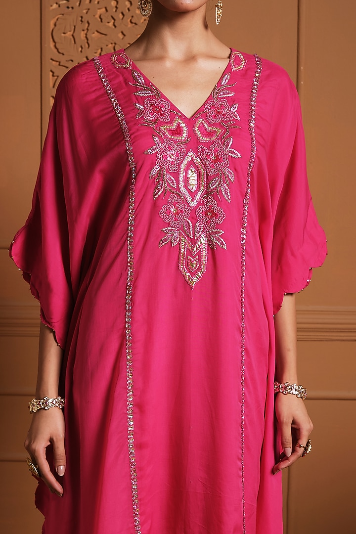 Magenta Pink Chiffon Thread Work Embroidered Asymmetrical Kaftan Set by Sonia Khatri at Pernia's Pop Up Shop