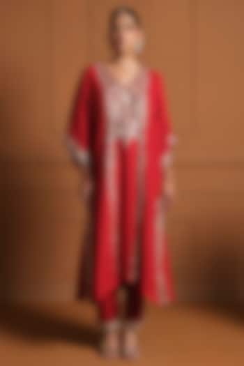Red Crepe Zardosi Embroidered Kaftan Set by Sonia Khatri at Pernia's Pop Up Shop