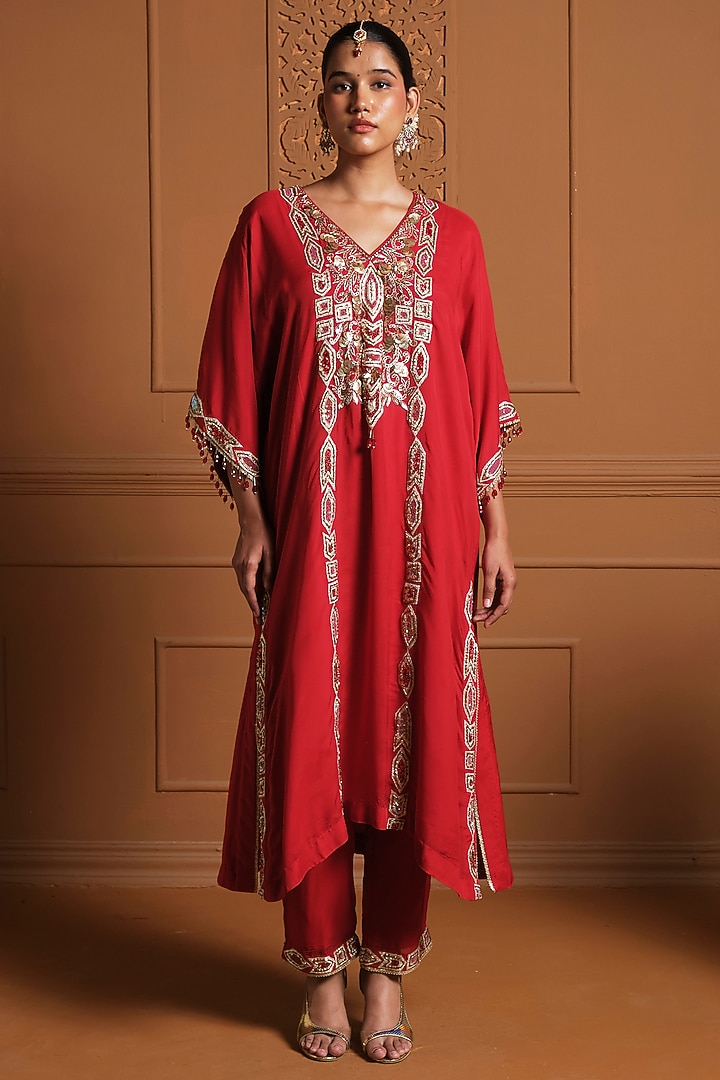 Red Crepe Zardosi Embroidered Kaftan Set by Sonia Khatri at Pernia's Pop Up Shop