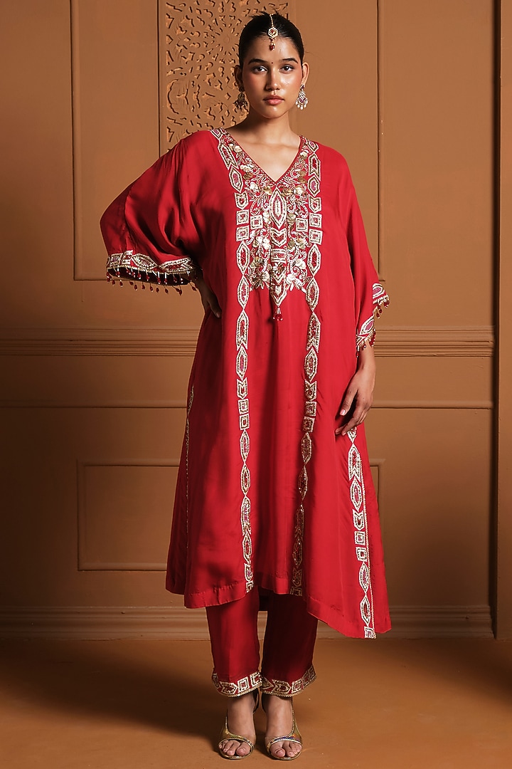 Red Crepe Zardosi Embroidered Kaftan Set by Sonia Khatri at Pernia's Pop Up Shop