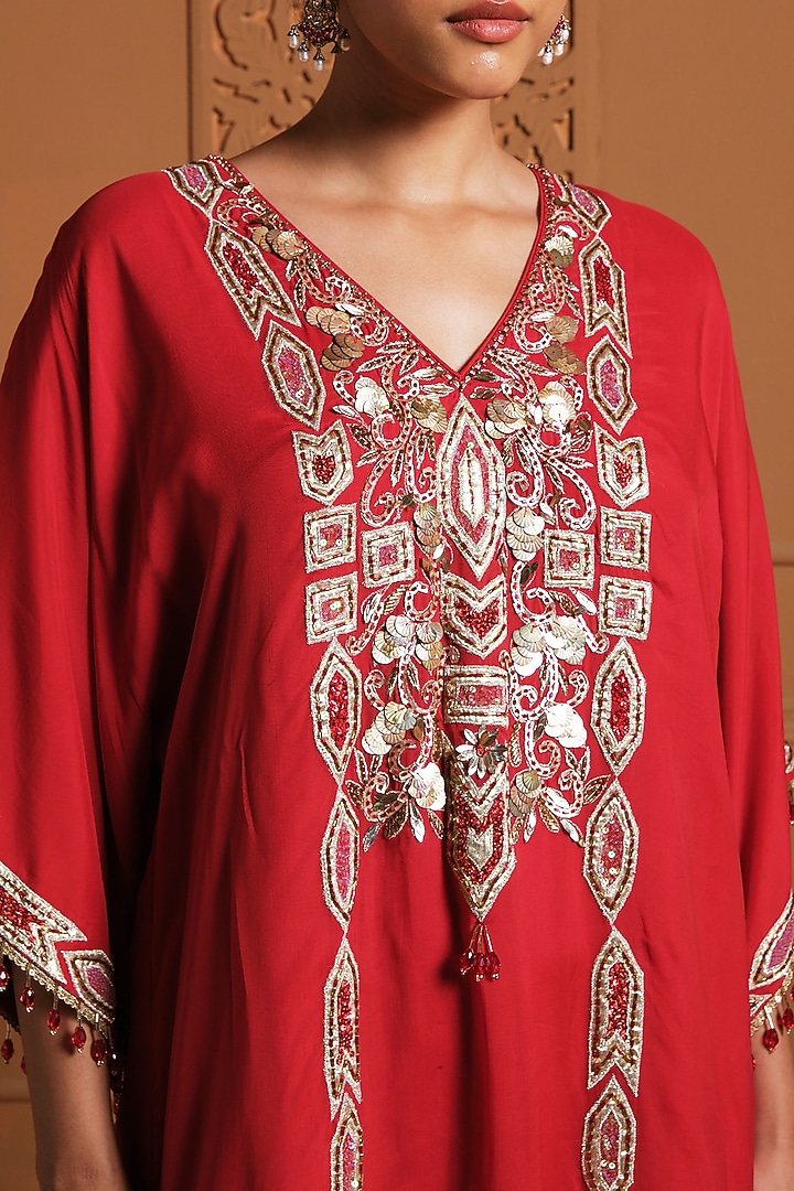 Red Crepe Zardosi Embroidered Kaftan Set by Sonia Khatri at Pernia's Pop Up Shop