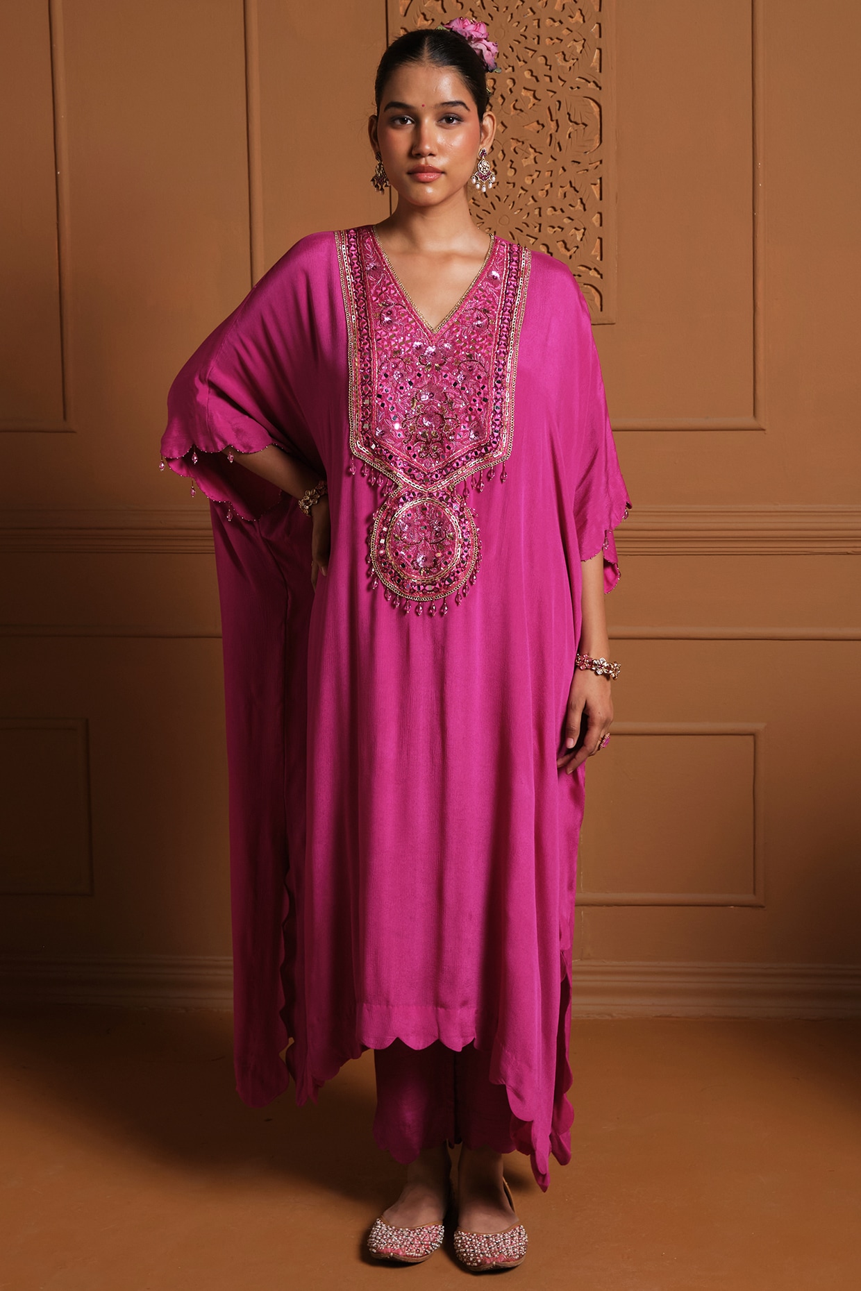 Sonia Khatri Pink Crepe Mirror Embellished Kaftan Set