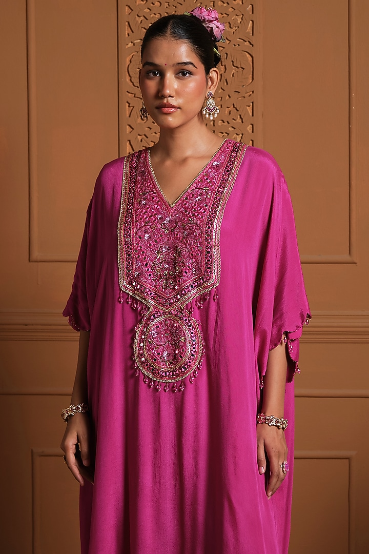Pink Crepe Mirror Embellished Kaftan Set by Sonia Khatri at Pernia's Pop Up Shop