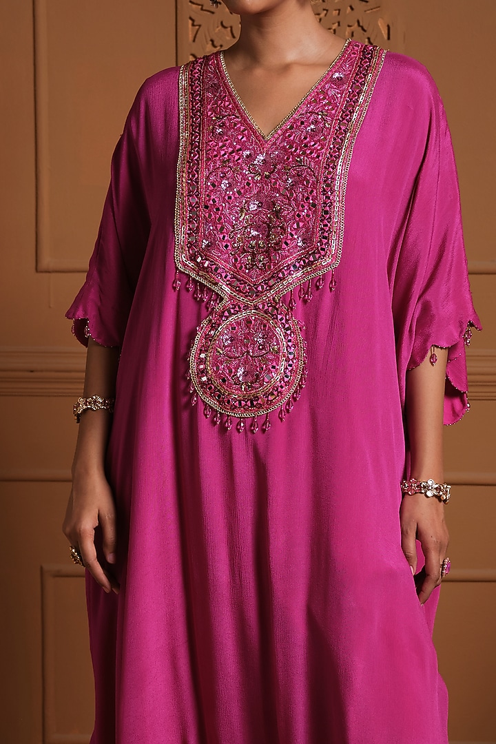 Pink Crepe Mirror Embellished Kaftan Set by Sonia Khatri at Pernia's Pop Up Shop