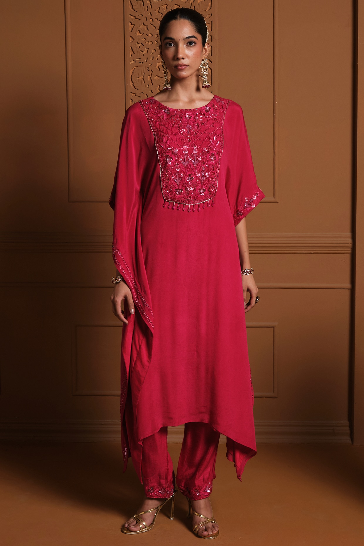 Sonia Khatri Red Chiffon Floral Threadwork Embroidered High-Low Kaftan Set