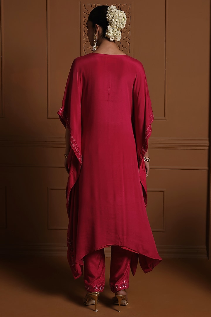 Red Chiffon Floral Threadwork Embroidered High-Low Kaftan Set by Sonia Khatri at Pernia's Pop Up Shop