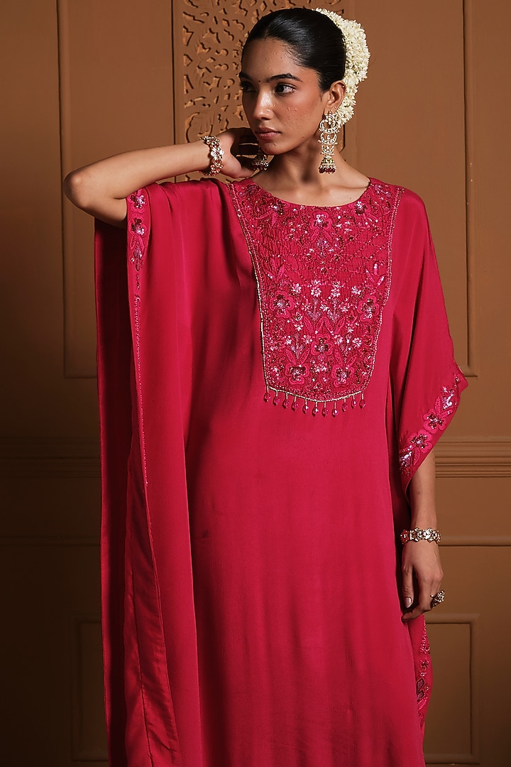 Red Chiffon Floral Threadwork Embroidered High-Low Kaftan Set by Sonia Khatri at Pernia's Pop Up Shop