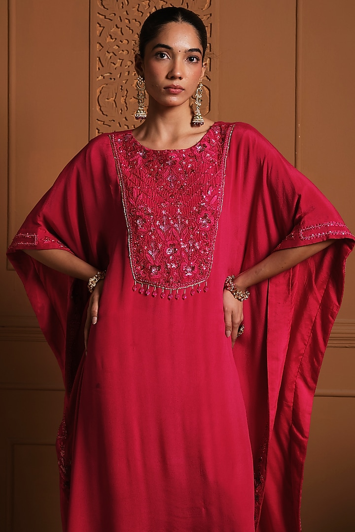 Red Chiffon Floral Threadwork Embroidered High-Low Kaftan Set by Sonia Khatri at Pernia's Pop Up Shop