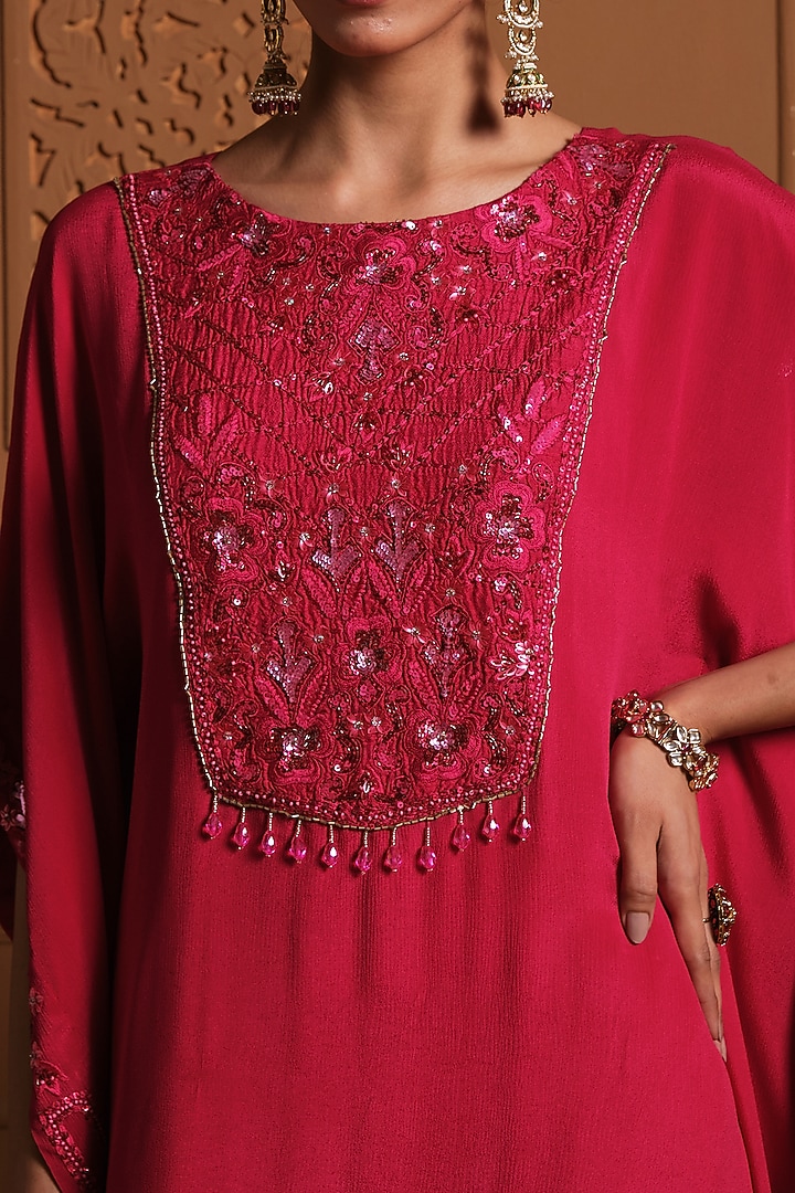 Red Chiffon Floral Threadwork Embroidered High-Low Kaftan Set by Sonia Khatri at Pernia's Pop Up Shop