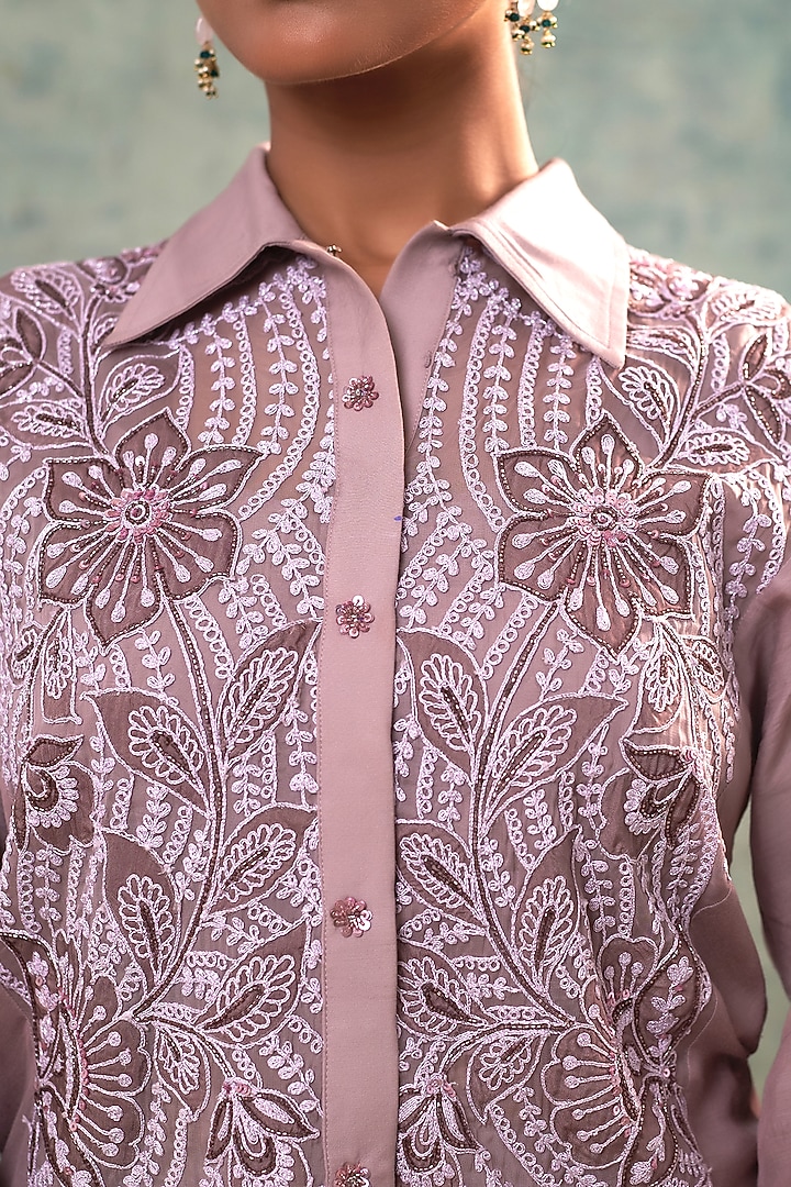 Mauve Muslin Applique Work Co-Ord Set by Sonia Khatri at Pernia's Pop Up Shop