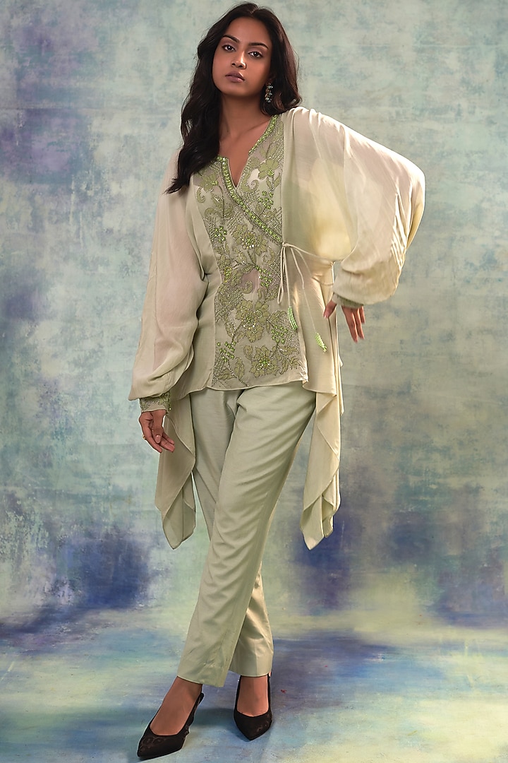Green Muslin Applique Work & Hand Embroidered Co-Ord Set by Sonia Khatri at Pernia's Pop Up Shop