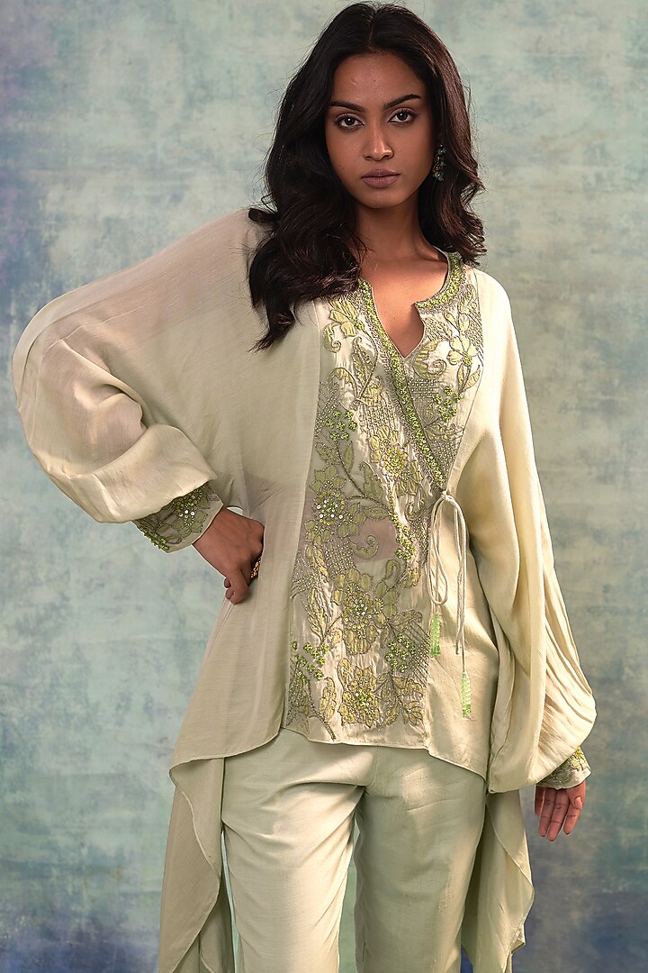 Green Muslin Applique Work & Hand Embroidered Co-Ord Set by Sonia Khatri at Pernia's Pop Up Shop