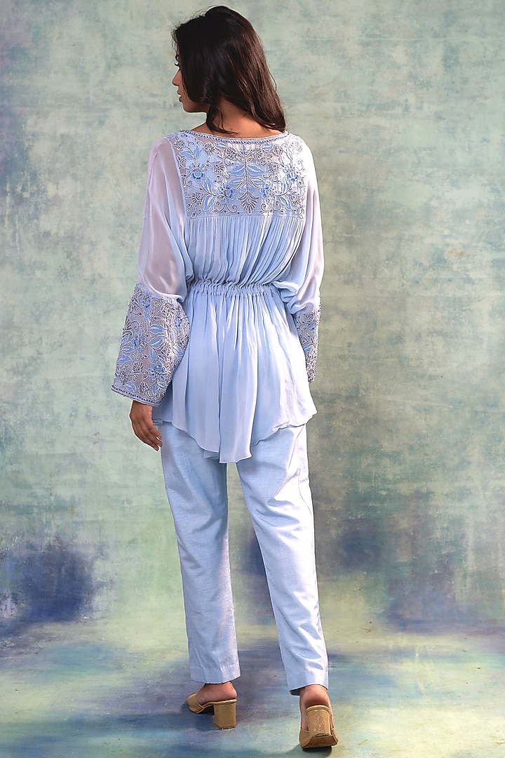 Blue Silk & Georgette Applique Work Co-Ord Set by Sonia Khatri at Pernia's Pop Up Shop