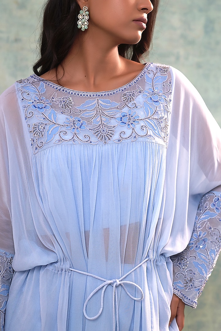 Blue Silk & Georgette Applique Work Co-Ord Set by Sonia Khatri at Pernia's Pop Up Shop