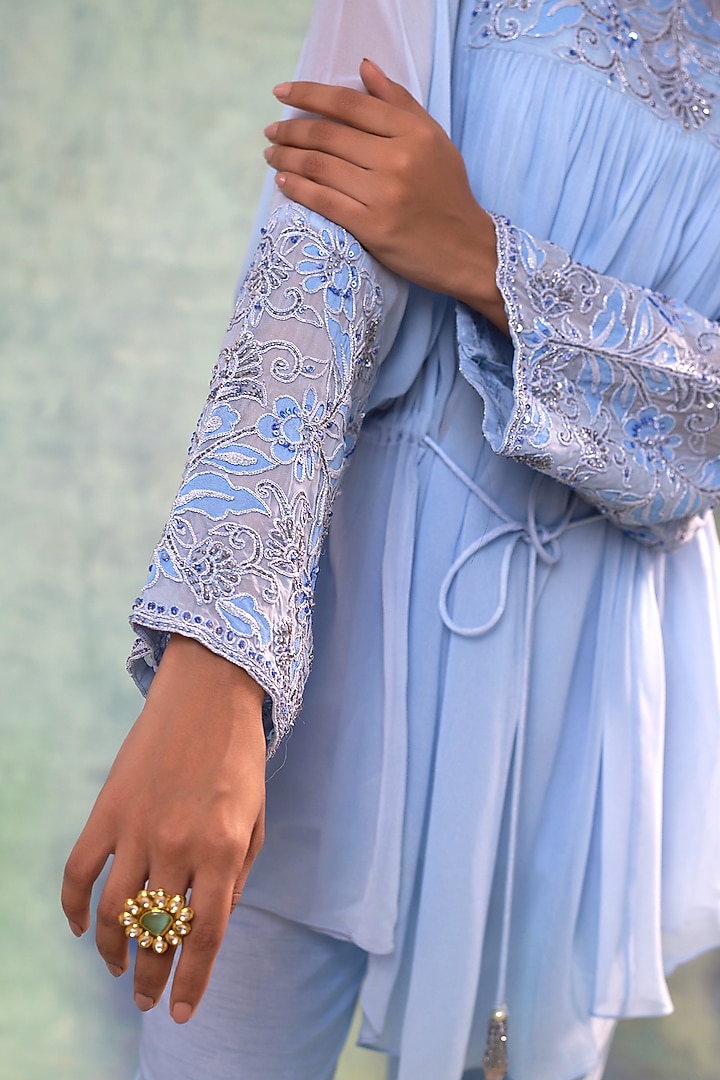 Blue Silk & Georgette Applique Work Co-Ord Set by Sonia Khatri at Pernia's Pop Up Shop