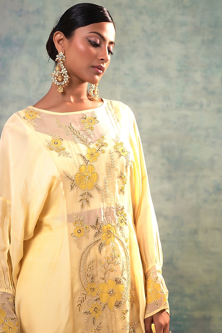 Yellow Muslin Applique Work & Hand Embroidered Co-Ord Set by Sonia Khatri at Pernia's Pop Up Shop