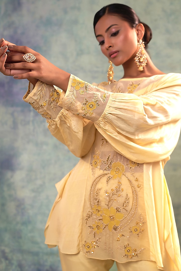 Yellow Muslin Applique Work & Hand Embroidered Co-Ord Set by Sonia Khatri at Pernia's Pop Up Shop
