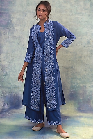Yale Blue Summer Silk Applique Work & Hand Embroidered Jacket Set by Sonia Khatri