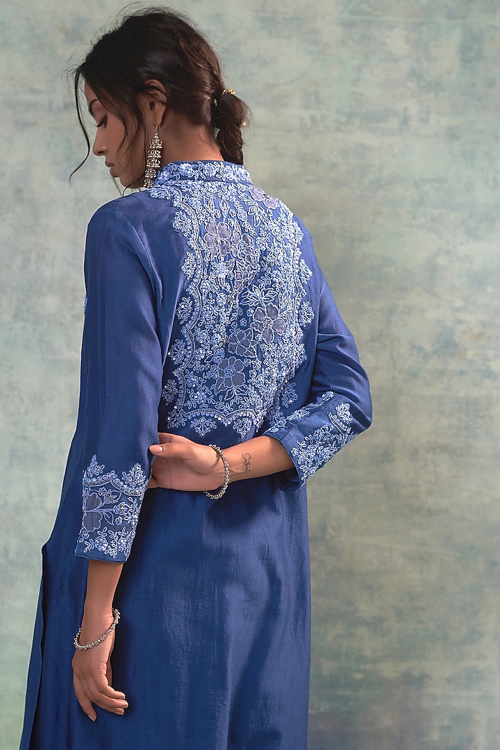 Yale Blue Summer Silk Applique Work & Hand Embroidered Jacket Set by Sonia Khatri at Pernia's Pop Up Shop