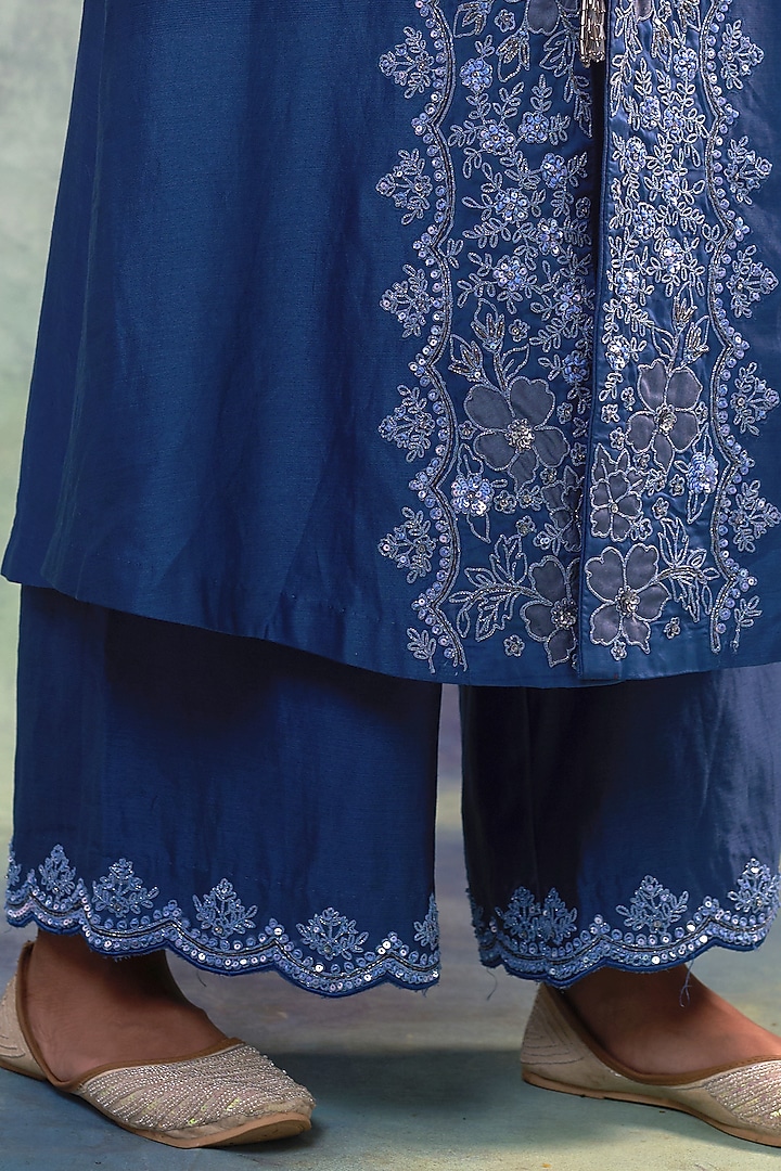 Yale Blue Summer Silk Applique Work & Hand Embroidered Jacket Set by Sonia Khatri at Pernia's Pop Up Shop