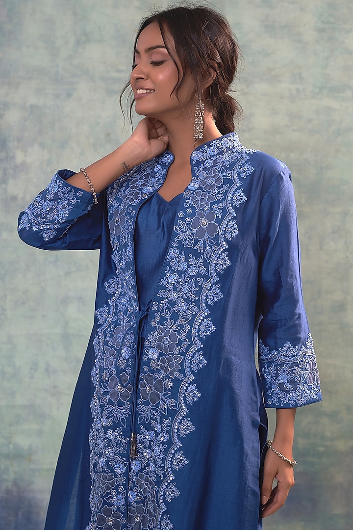 Yale Blue Summer Silk Applique Work & Hand Embroidered Jacket Set by Sonia Khatri at Pernia's Pop Up Shop