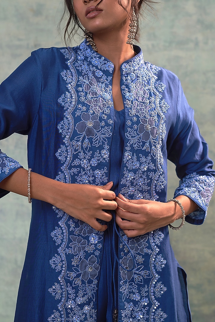 Yale Blue Summer Silk Applique Work & Hand Embroidered Jacket Set by Sonia Khatri at Pernia's Pop Up Shop