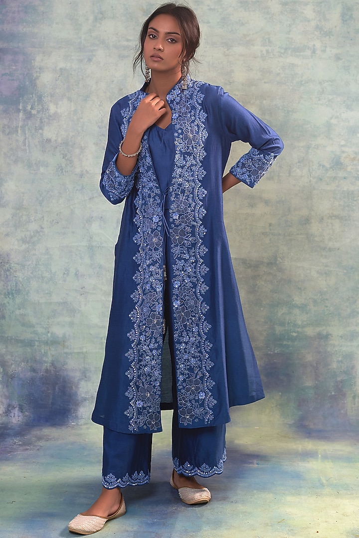 Yale Blue Summer Silk Applique Work & Hand Embroidered Jacket Set by Sonia Khatri at Pernia's Pop Up Shop