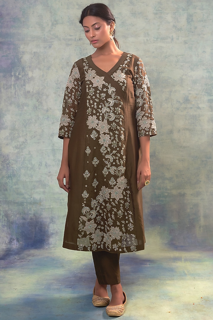 Deep Forest Green Summer Silk Applique Work & Hand Embroidered Kurta Set by Sonia Khatri at Pernia's Pop Up Shop