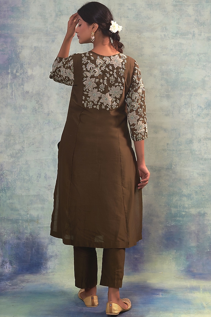 Deep Forest Green Summer Silk Applique Work & Hand Embroidered Kurta Set by Sonia Khatri at Pernia's Pop Up Shop