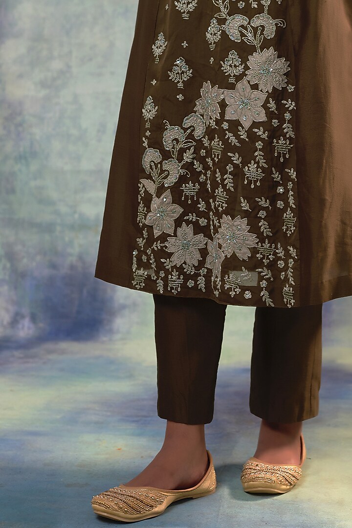 Deep Forest Green Summer Silk Applique Work & Hand Embroidered Kurta Set by Sonia Khatri at Pernia's Pop Up Shop