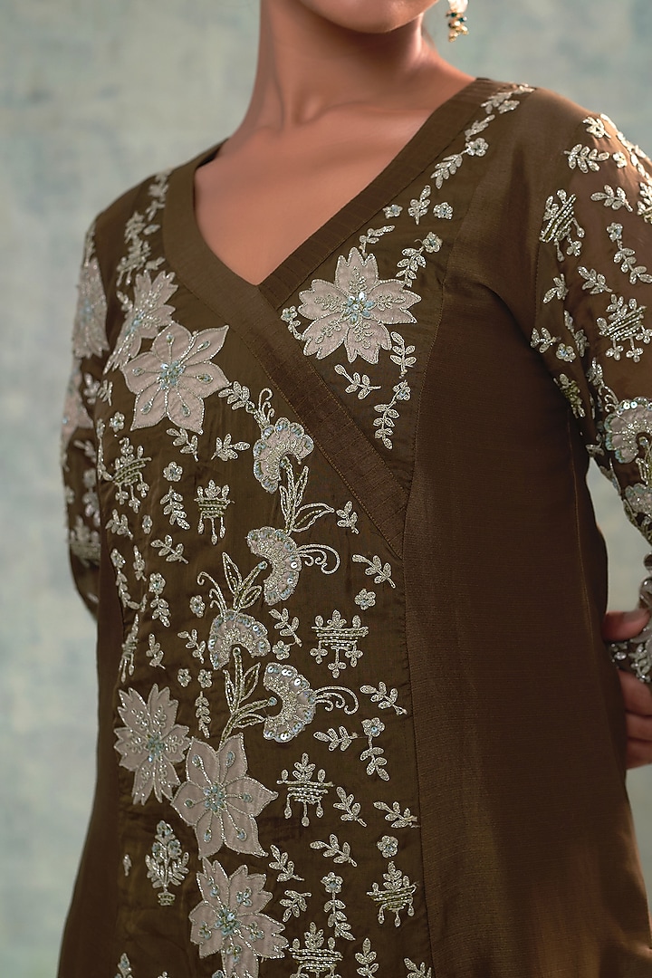 Deep Forest Green Summer Silk Applique Work & Hand Embroidered Kurta Set by Sonia Khatri at Pernia's Pop Up Shop