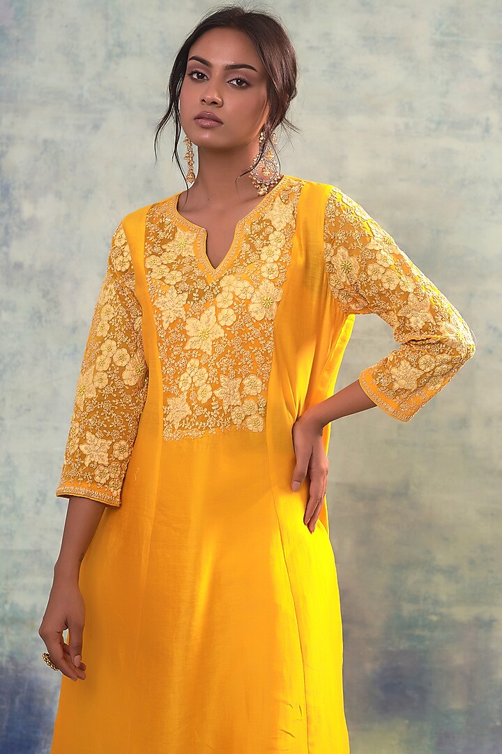 Yellow Summer Silk Applique Work & Hand Embroidered Kurta Set by Sonia Khatri at Pernia's Pop Up Shop