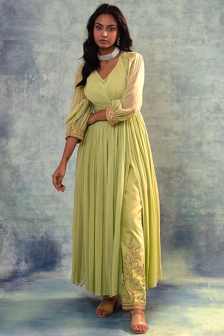 Olive Green Georgette Dori Work Tunic Set by Sonia Khatri at Pernia's Pop Up Shop
