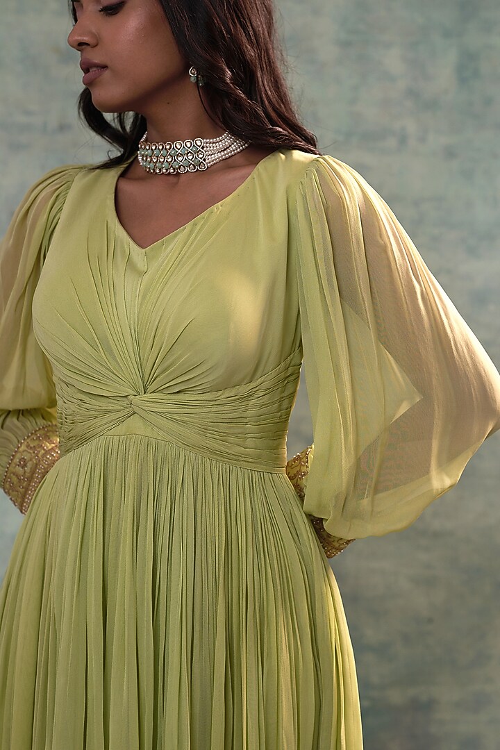 Olive Green Georgette Dori Work Tunic Set by Sonia Khatri at Pernia's Pop Up Shop