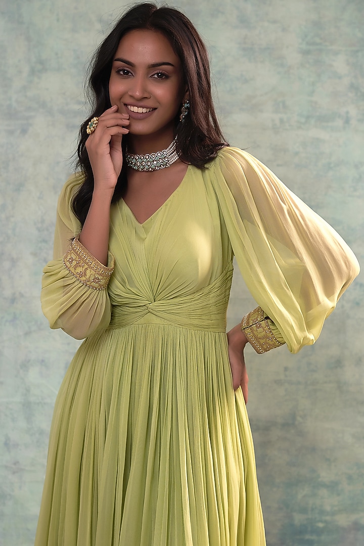 Olive Green Georgette Dori Work Tunic Set by Sonia Khatri at Pernia's Pop Up Shop