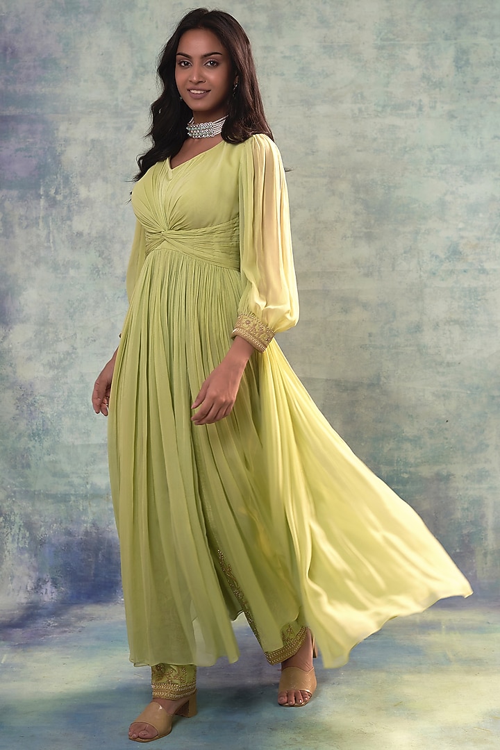 Olive Green Georgette Dori Work Tunic Set by Sonia Khatri at Pernia's Pop Up Shop