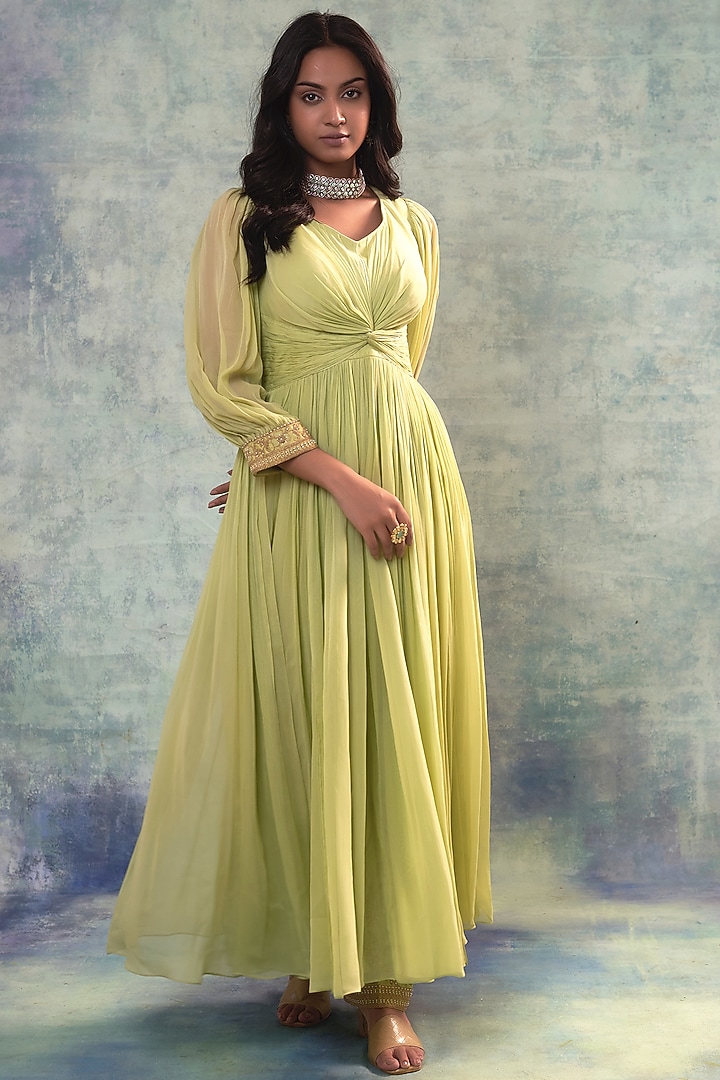 Olive Green Georgette Dori Work Tunic Set by Sonia Khatri at Pernia's Pop Up Shop