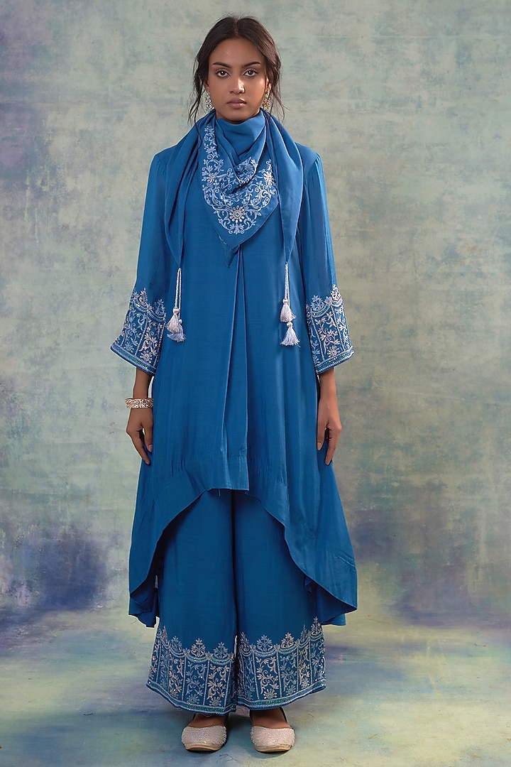 Light Navy Muslin Palazzo Pant Set by Sonia Khatri at Pernia's Pop Up Shop