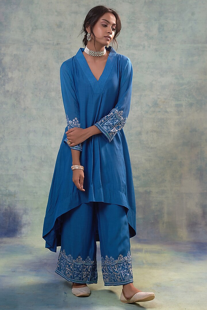 Light Navy Muslin Palazzo Pant Set by Sonia Khatri at Pernia's Pop Up Shop
