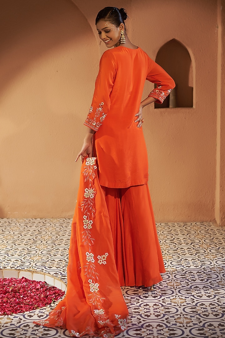 Orange Mulmul Wedding Sharara Set by Sonia Khatri at Pernia's Pop Up Shop