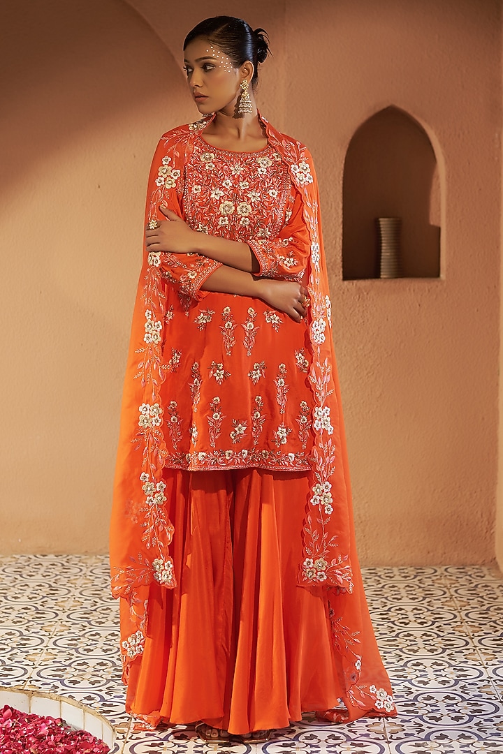Orange Mulmul Wedding Sharara Set by Sonia Khatri at Pernia's Pop Up Shop