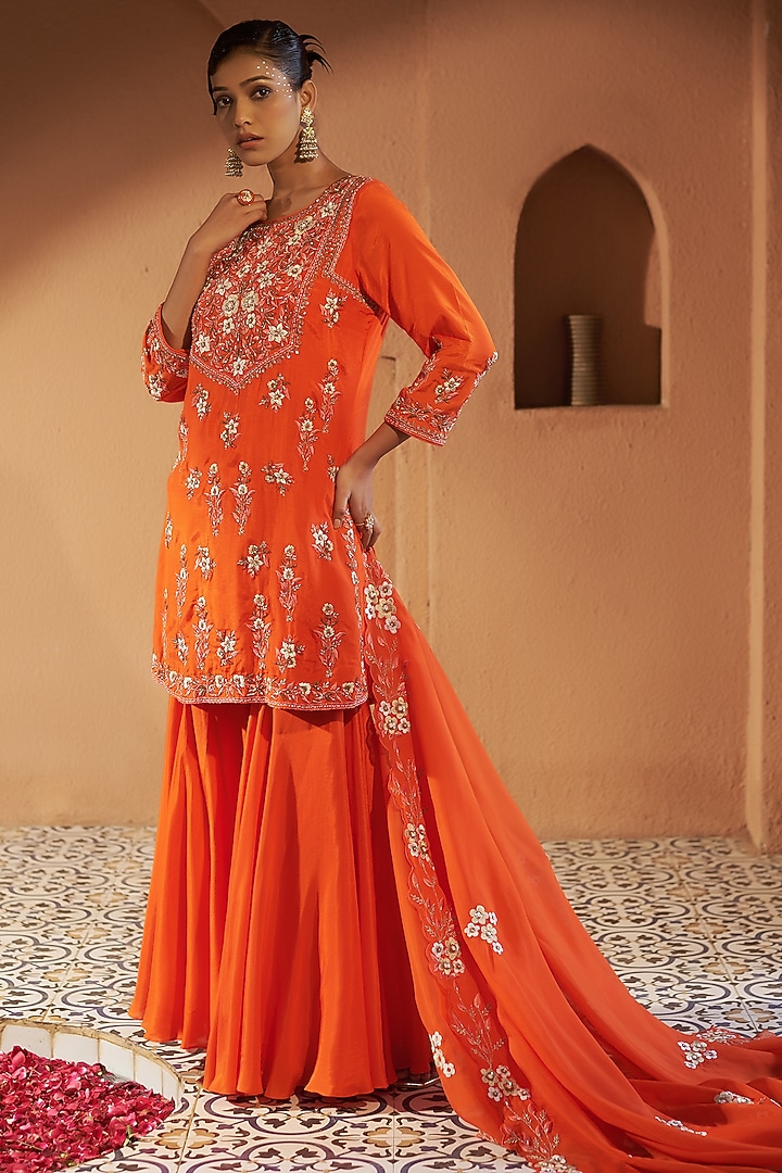 Orange Mulmul Wedding Sharara Set by Sonia Khatri at Pernia's Pop Up Shop