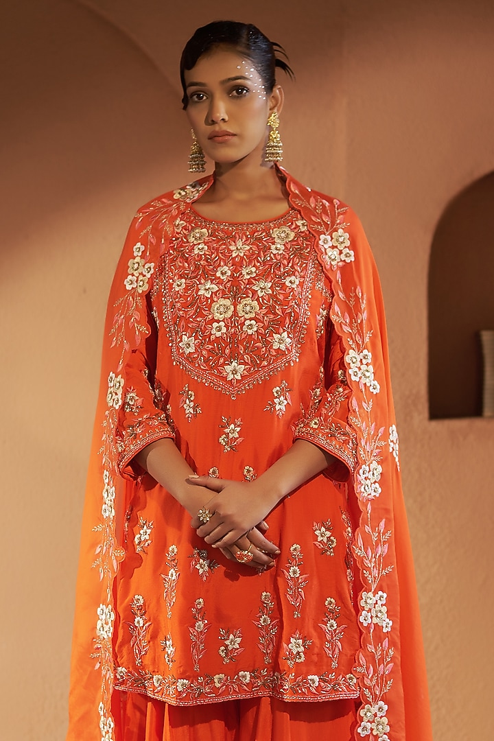 Orange Mulmul Wedding Sharara Set by Sonia Khatri at Pernia's Pop Up Shop