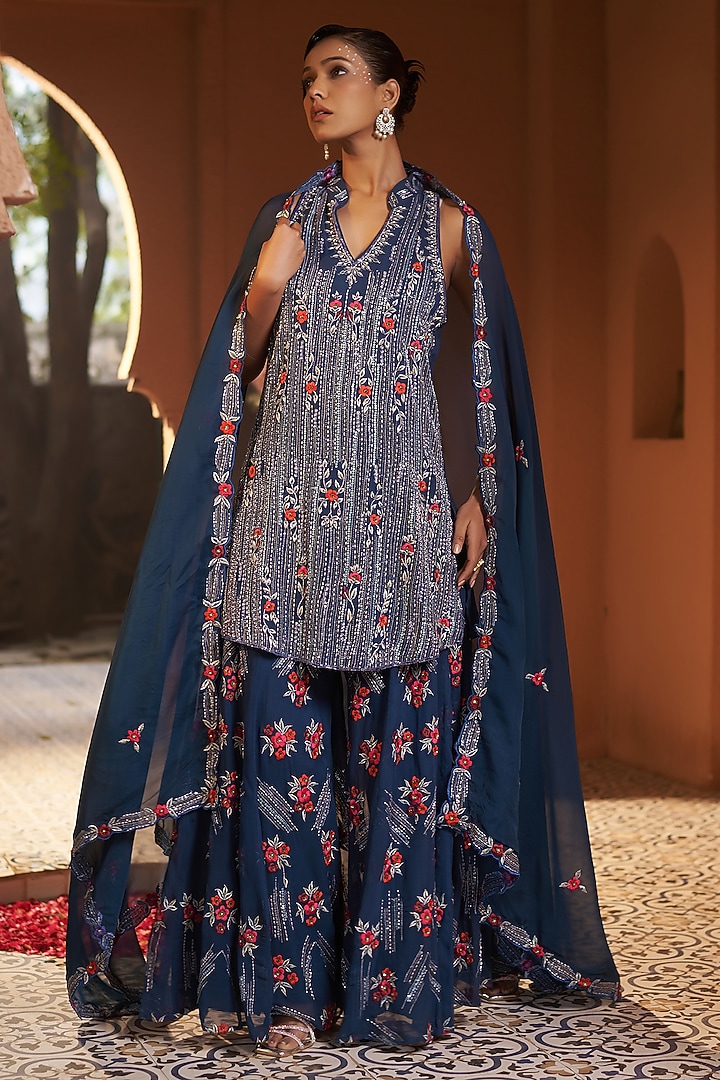 Blue Georgette Wedding Sharara Set by Sonia Khatri at Pernia's Pop Up Shop
