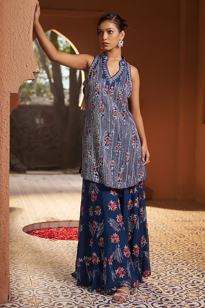Blue Georgette Wedding Sharara Set by Sonia Khatri at Pernia's Pop Up Shop